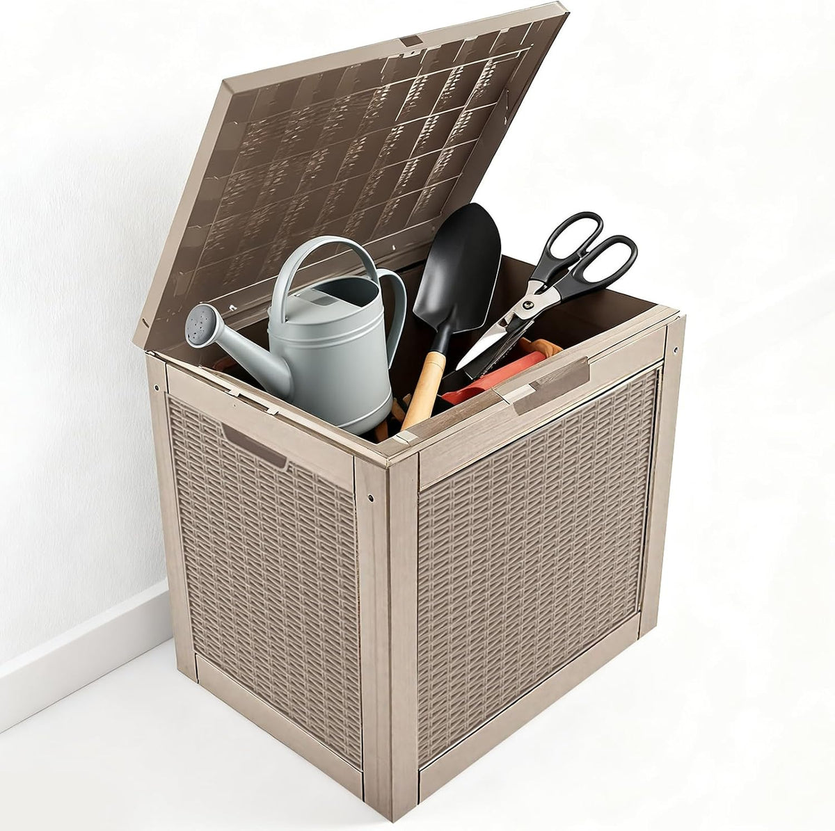 Zapdos Outdoor Storage Box, 31 Gallon Deck Box Indoor and Outdoor Use, Waterproof Resin Rattan Storage Bin for Package Storage Patio Cushions Gardening Tools, Lockable, Fade Resistant, Brown