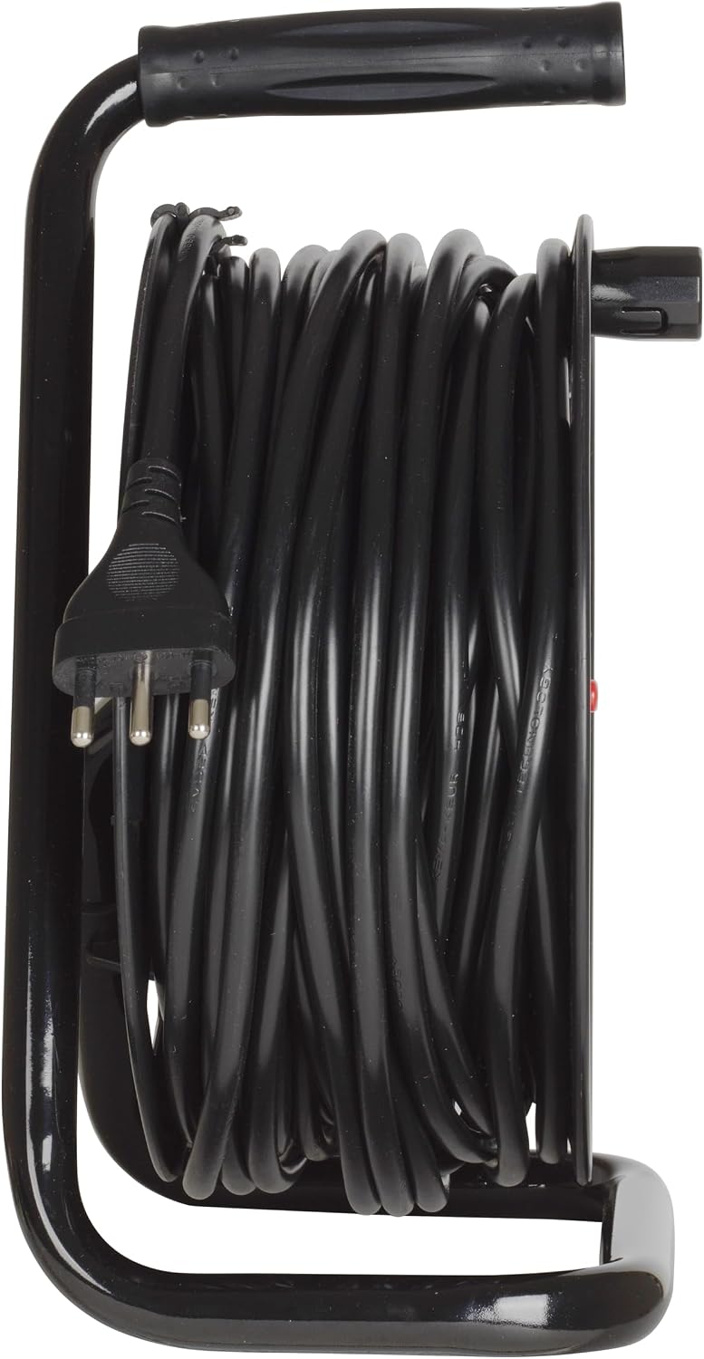 BTICINO Cable Reel S2630, Electric Extension 30 Metres, 4 Schuko Sockets, Double Pole, Large 16 A Plug, Thermal Switch, Ergonomic Handle, Cable Holder and Cable Reel, Full Black