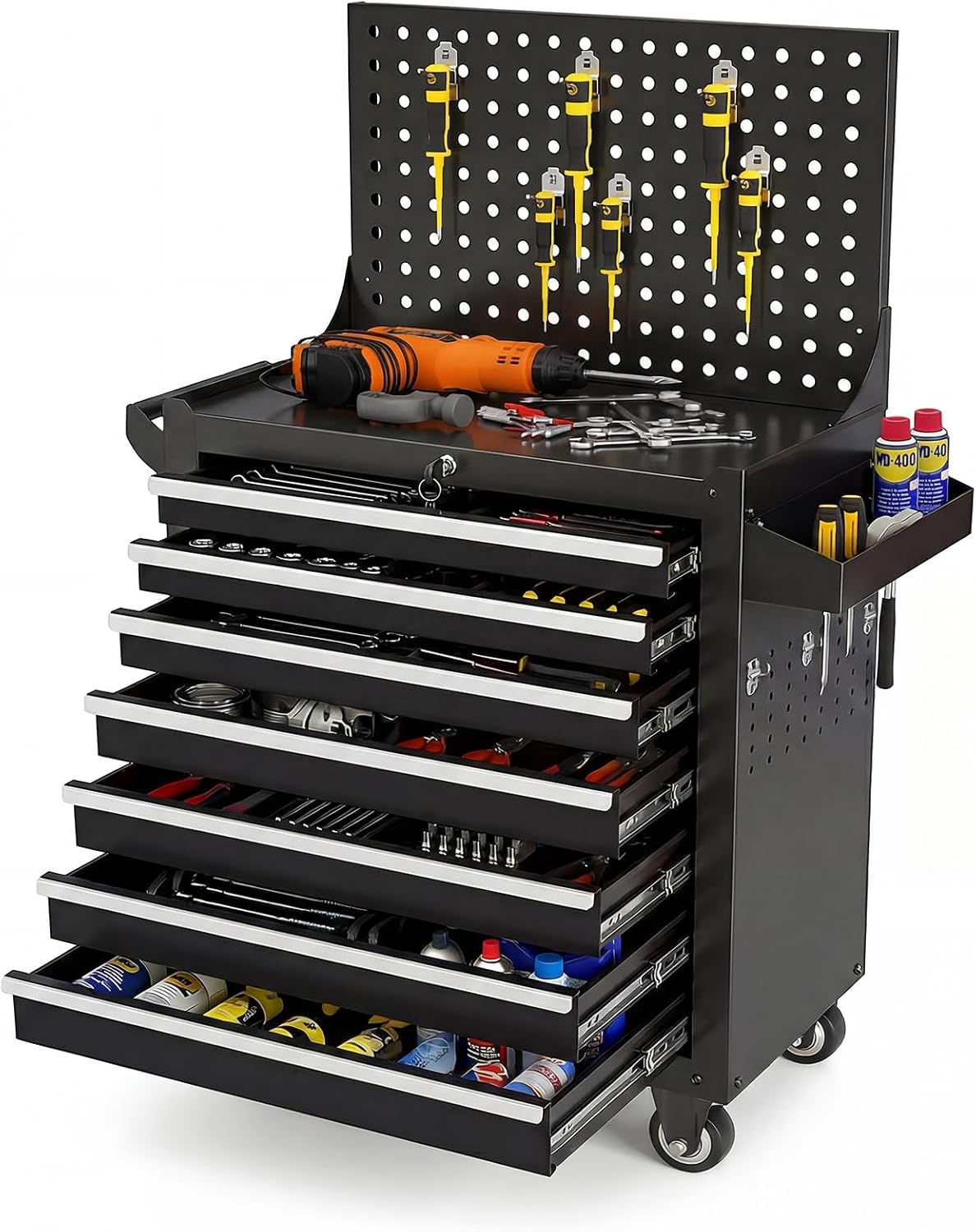 Rolling Tool Chest with Wheels, 7 Drawers Metal Tool Box with Pegboard