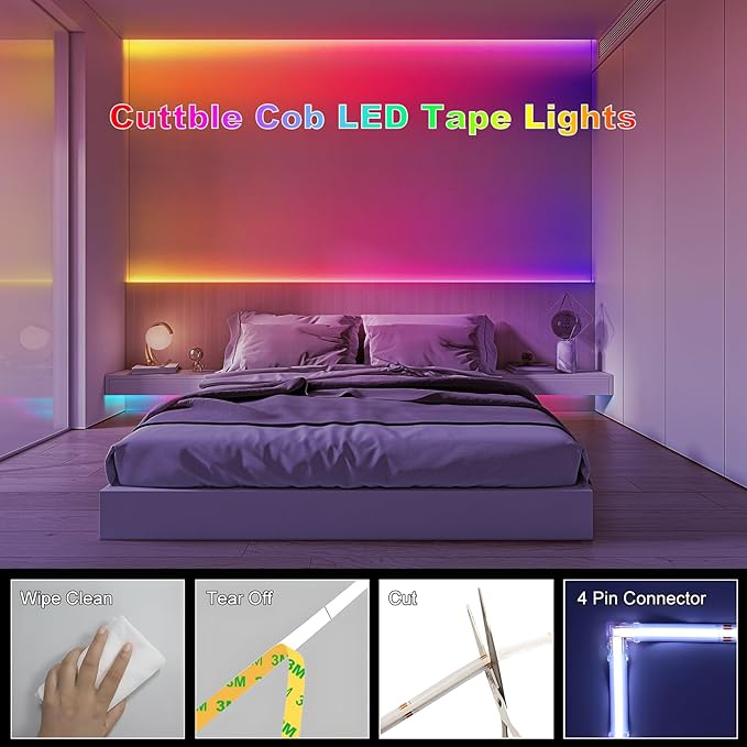 BUNACET 20FT LED Strip Lights COB Smart IC, 24V RGB LED Lights