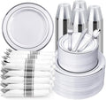 BESTVIP 700PCS Silver Plastic Dinnerware Set for 100 Guests, Disposable Plates for Party, Include: 200 Plastic Plates, 100 Pre Rolled Napkins with Silver Silverware, 100 Cups for Christmas, Halloween