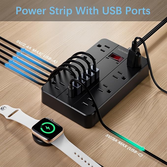 15 Ft Long Extension Cord Power Strip Surge Protector, HUNIAN Flat Plug