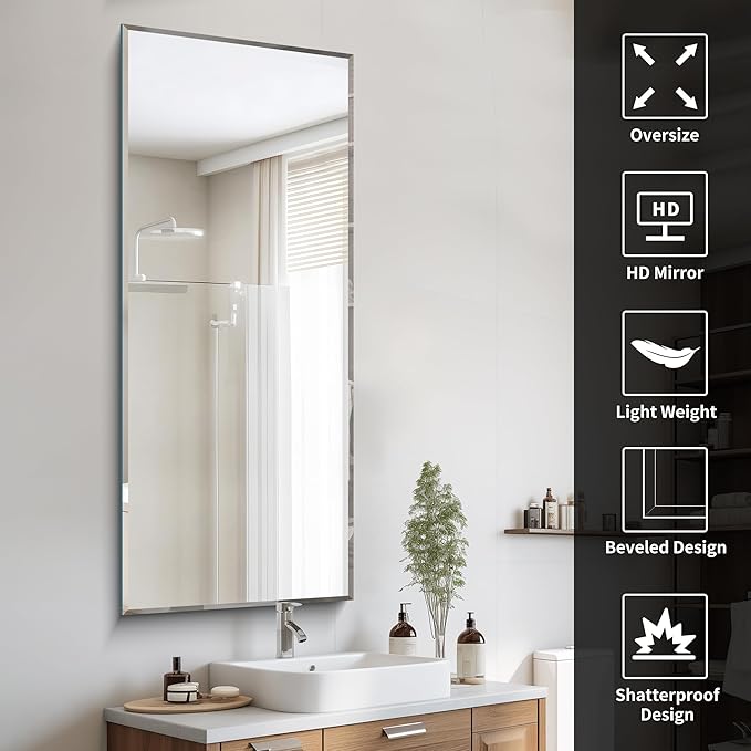 CILIBER Beveled Mirror, 24x60 Large Frameless Beveled Bathroom Mirrors