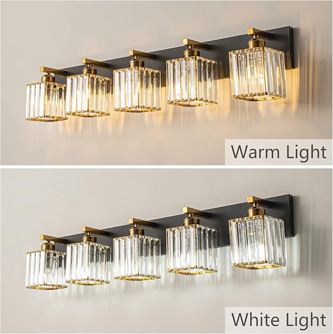 FDPBY Modern Bathroom Vanity Light 5-Lights Black Gold Crystal Bathroom Wall