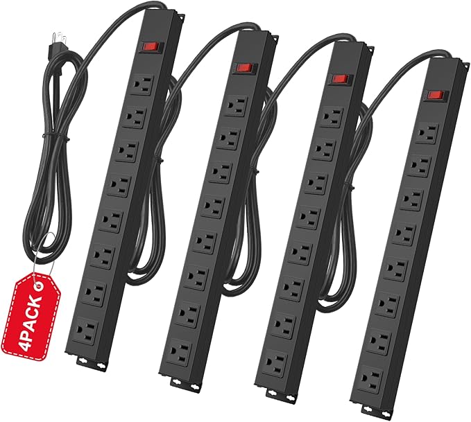 4Pack Metal 8 Outlet Mountable Power Strip, Wall Mount Outlet Heavy Duty