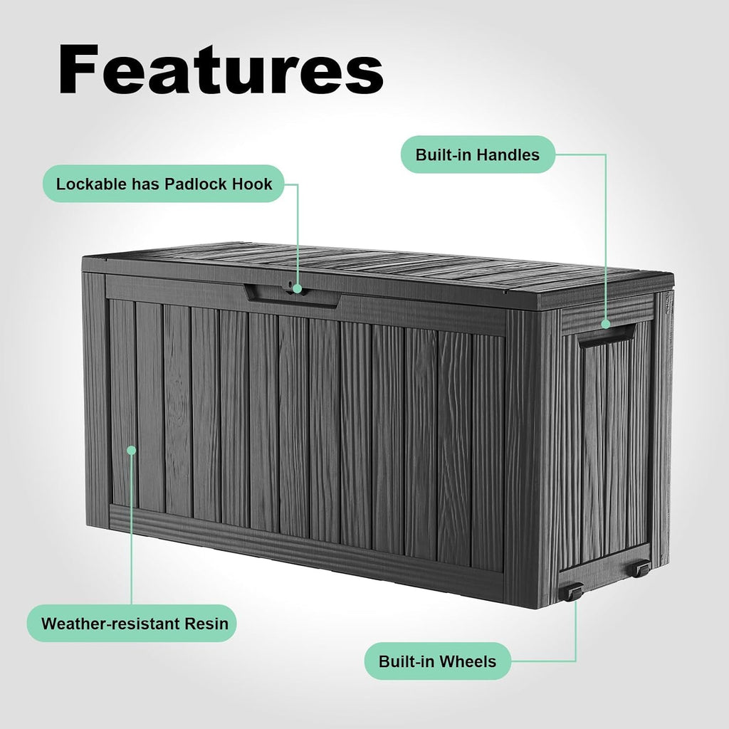 150 gallon large outdoor storage box with wheels, close-up detail