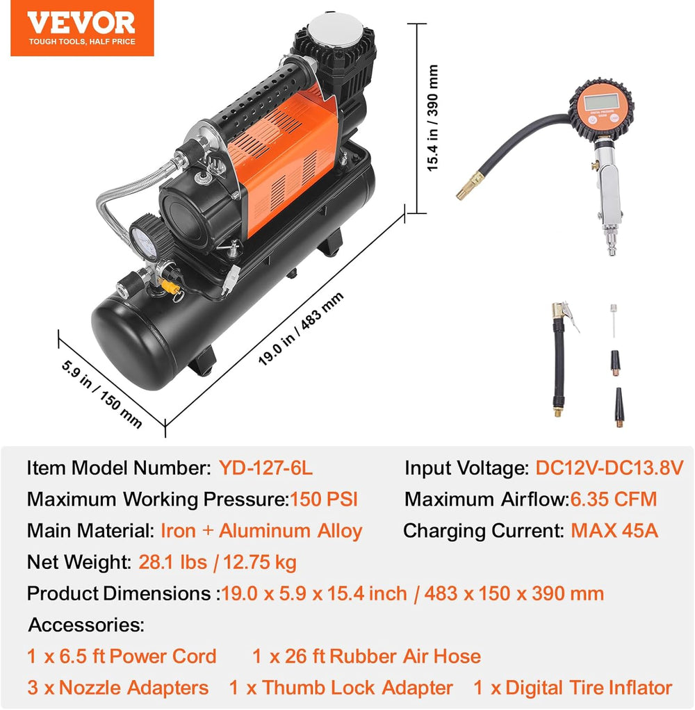 VEVOR 12V Heavy Duty Air Compressor with 6L Tank Kit, 6.35 CFM Portable Tire ...