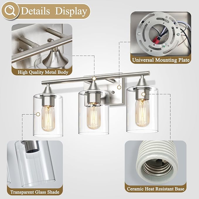 XPEHK 3-Light Bathroom Light Fixtures, Brushed Nickel Vanity Light, Modern