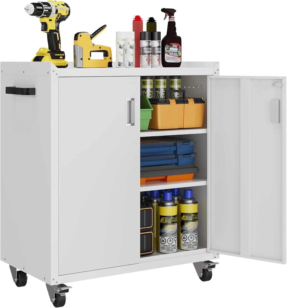 LCAOPC Metal Storage Cabinet with Wheels - Lockable, Rolling Tool Cabinet for Home, Office, Garage & Workshop - White