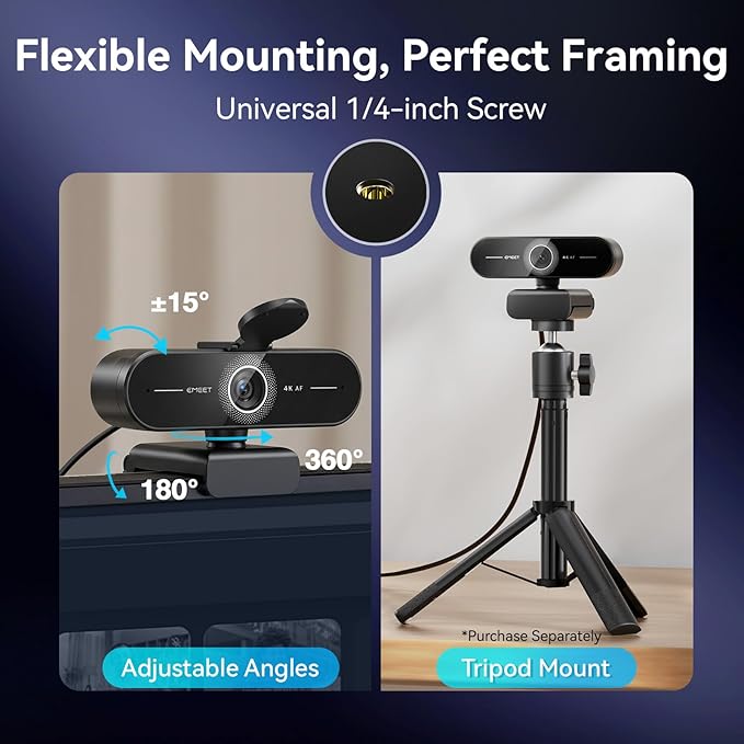 EMEET C60E 4K Webcam for Streaming & Gaming – PDAF Autofocus, Dual Mics