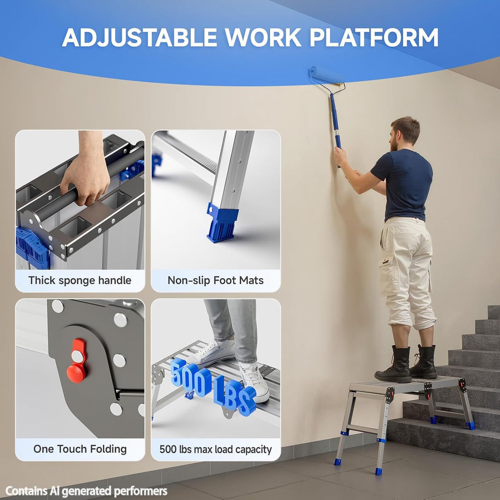 Folding Work Platform for Adults, Portable Aluminum Step Stool 500lb | 13.7"-19.5" Adjustable Height, 11.8" x 32.7" Wide Platform for Garage, Painting, Reach High Shelves, Gardening, Car Wash