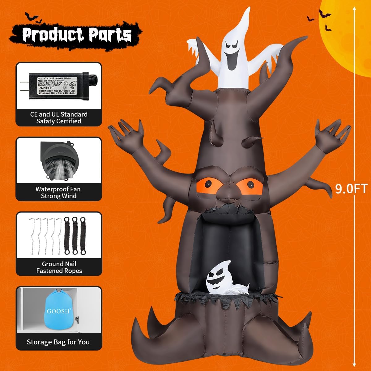 GOOSH 9 FT Halloween Inflatable Animated Dead Tree Outdoor Decorations Blow Up Yard Scary Tree And White Ghost With Built-In LEDs For Outdoor Garden Lawn Party Decor