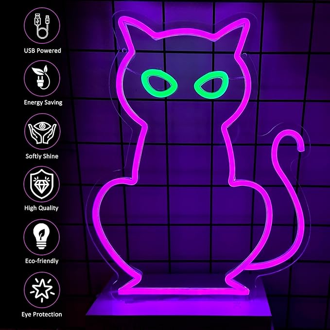 Cat Neon Signs for Wall Decor, Purple Cat LED Neon Sign USB Powered, Halloween Cat LED Light Table Decoration for Bar, Christmas, Wedding, Birthday Party