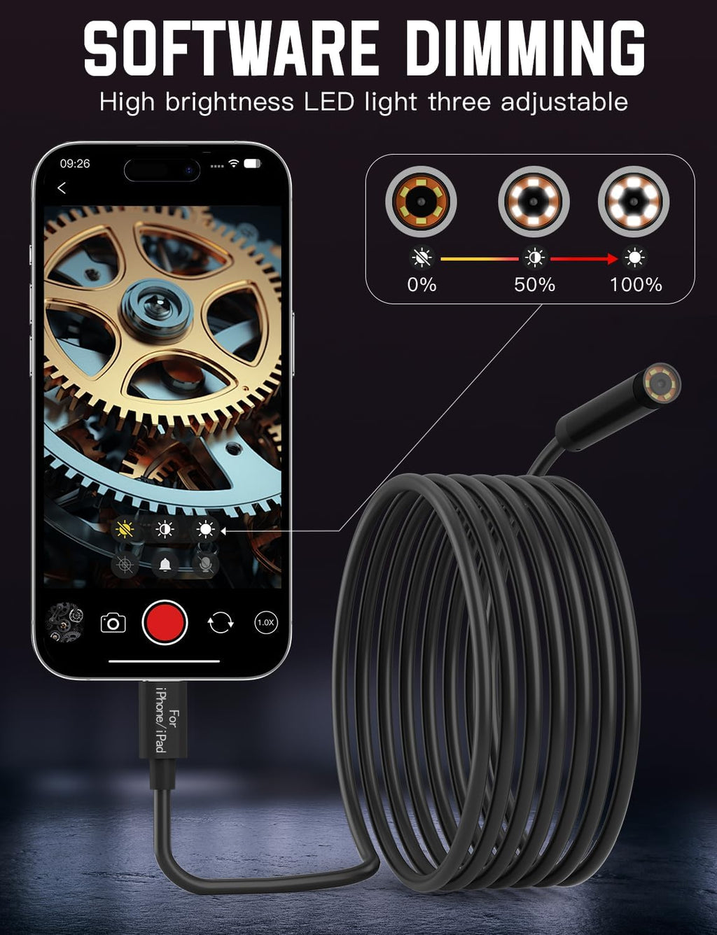 endoscope camera with light,1920p hd endoscope with 5.9ft showing dimensions
