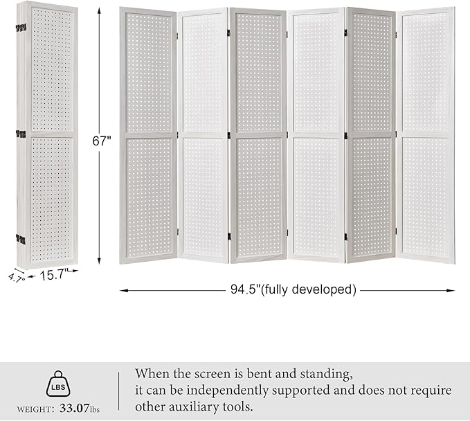 Pegboard Display, 5.6Ft Wooden Room Divider Folding Privacy Screens Portable