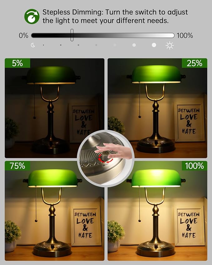Newrays Green Glass Bankers Desk Lamp, Stepless Dimmable Table Lamp Plug in