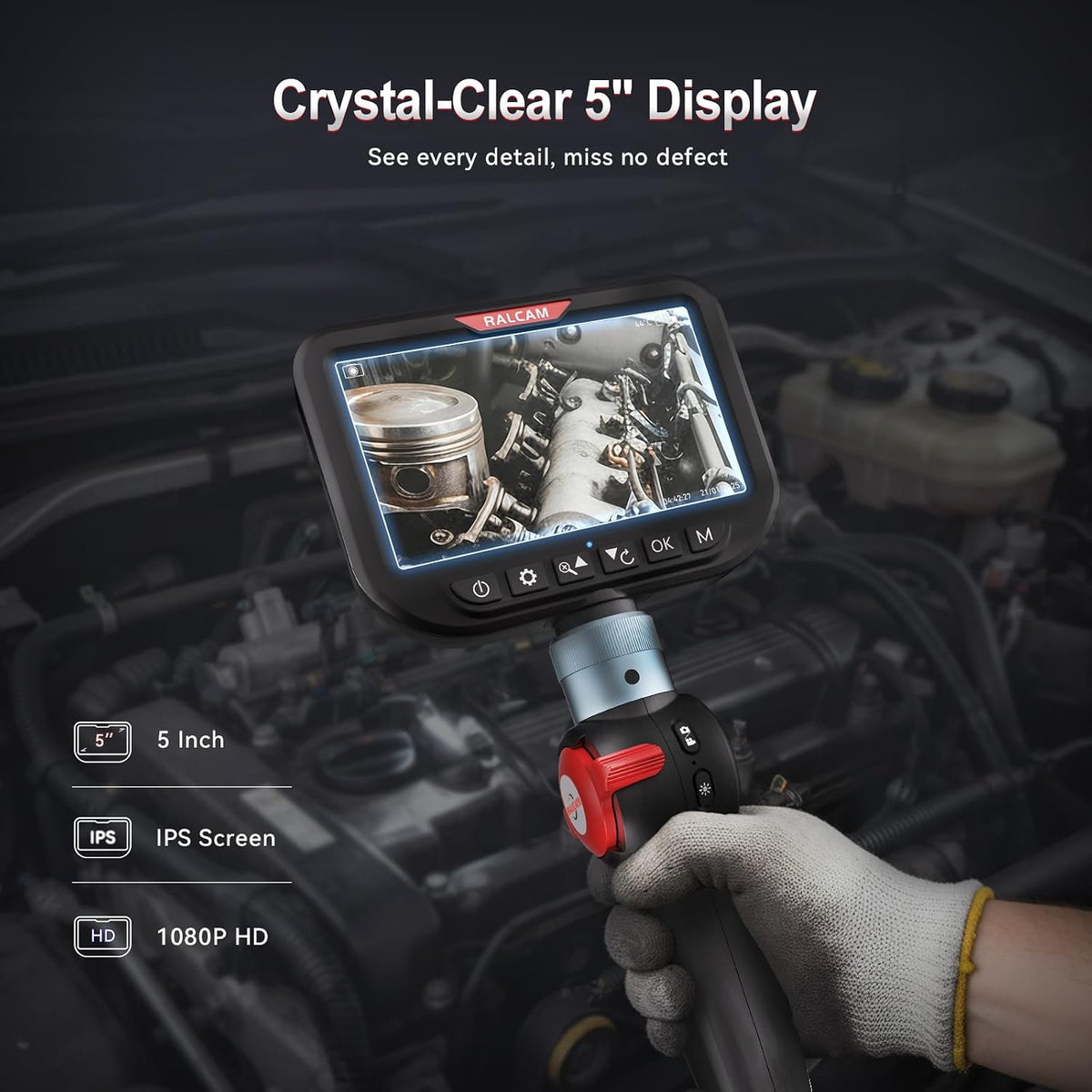 ralcam dual lens articulating borescope camera with light, close-up detail