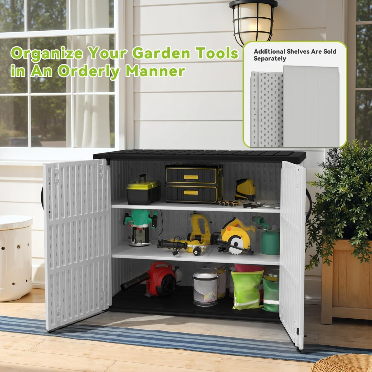 devoko 26 cu ft resin outdoor storage cabinet shown in use