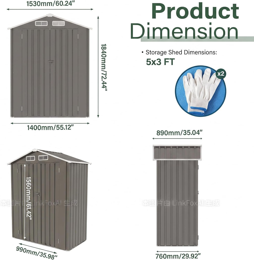5x3 ft outdoor storage shed, metal tool shed shown in use