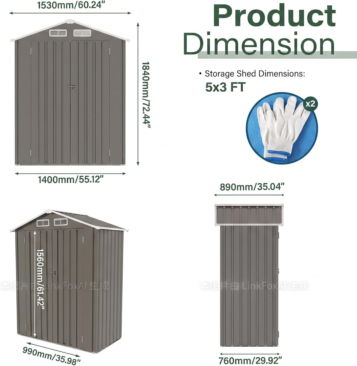 5x3 ft outdoor storage shed, metal tool shed shown in use