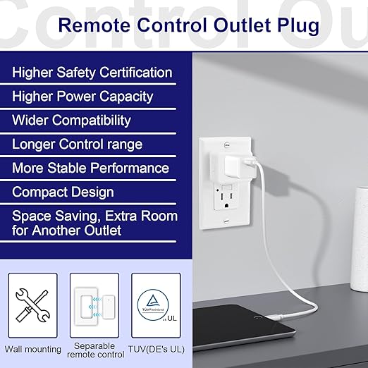 Remote Switch Outlet 2Sets, Wireless On/Off Light Switch Wall Mounted, TUV