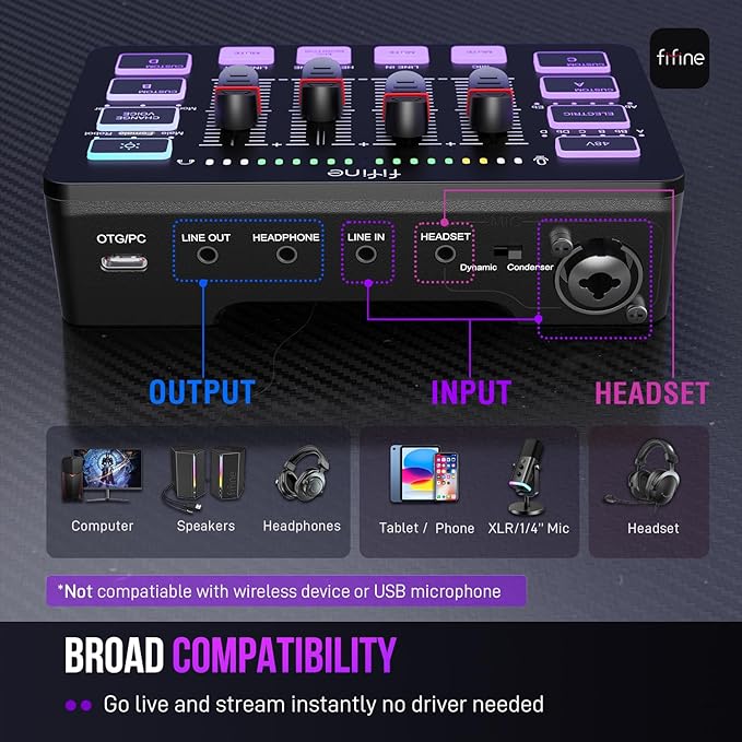 FIFINE Gaming Audio Mixer, Streaming RGB PC Mixer