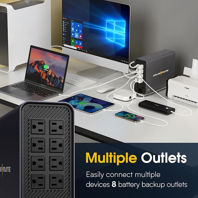 GOLDENMATE 1000VA/800W Lithium UPS Battery Backup & Surge Protector, Backup