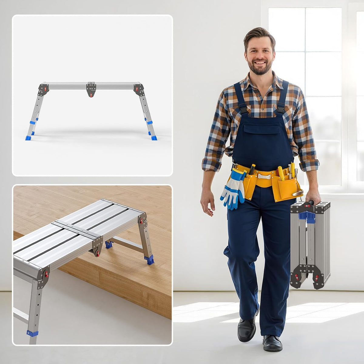 Folding Work Platform for Adults, Portable Aluminum Step Stool 500lb | 13.7"-19.5" Adjustable Height, 11.8" x 32.7" Wide Platform for Garage, Painting, Reach High Shelves, Gardening, Car Wash