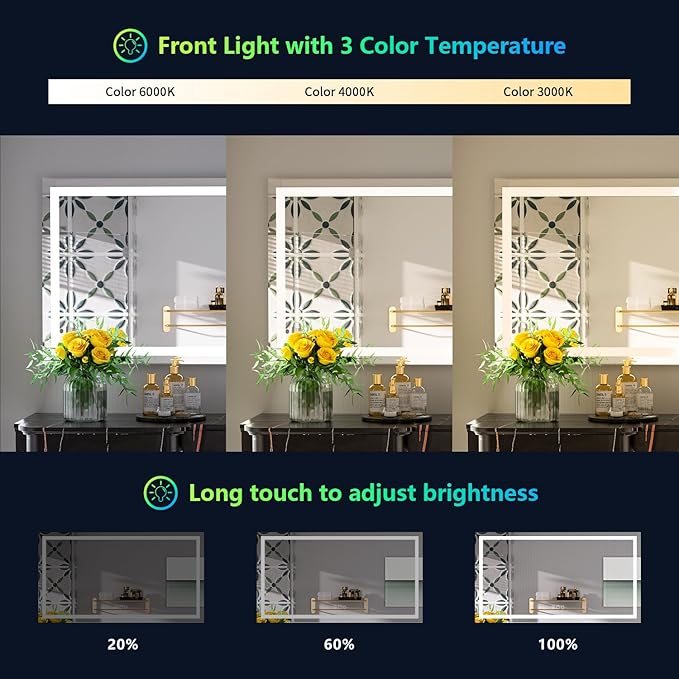 YEELAIT 55x30 Inch RGB LED Bathroom Mirror Front Light and RGB Backlit Lighted