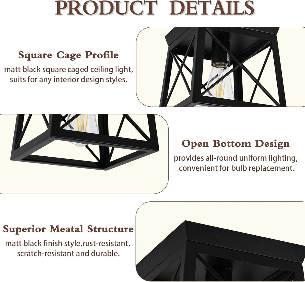 1 Light Black Industrial Flush Mount Ceiling Light Fixture - Square Farmhouse Caged Ceiling Light for Closet Kitchen Hallway Porch, E26, Dimmable