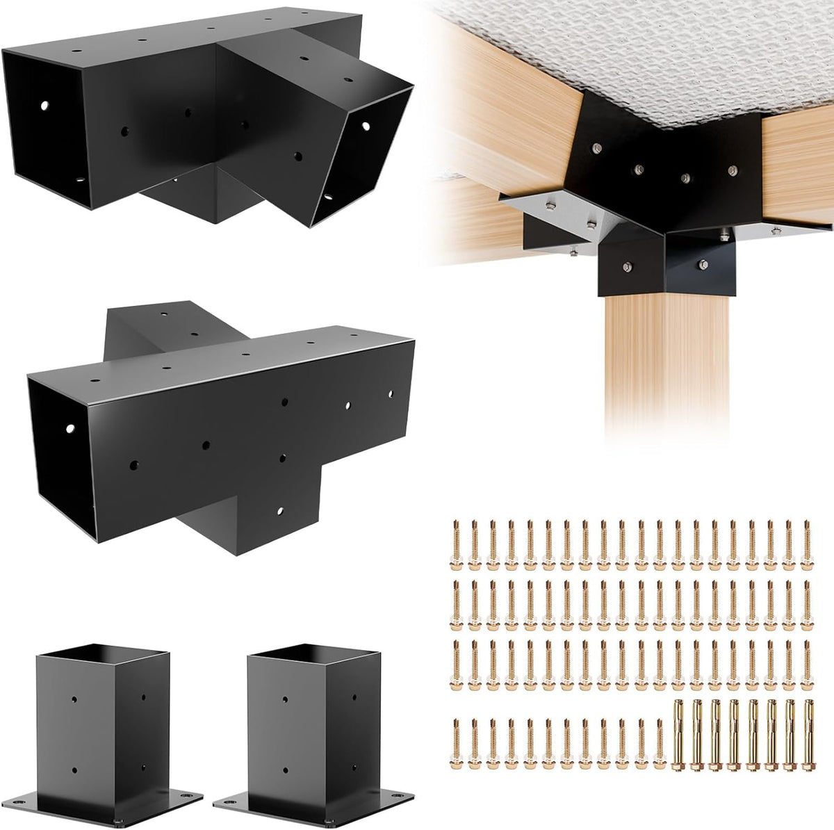 Pergola Kit, Slanted Roof Pergola Bracket, 4-Way Brackets with Post Base Kit, Log Cabin Outdoor 4"x 4" (Actual 3.5" X 3.5") Lumber