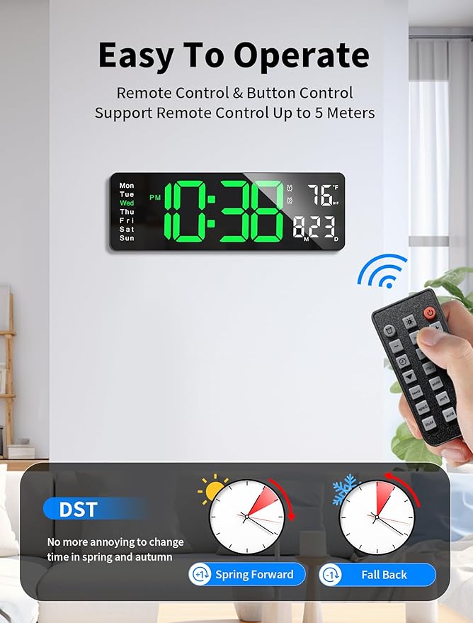 MASHI Digital Wall Clock, Auto-Dimming Wall Clock