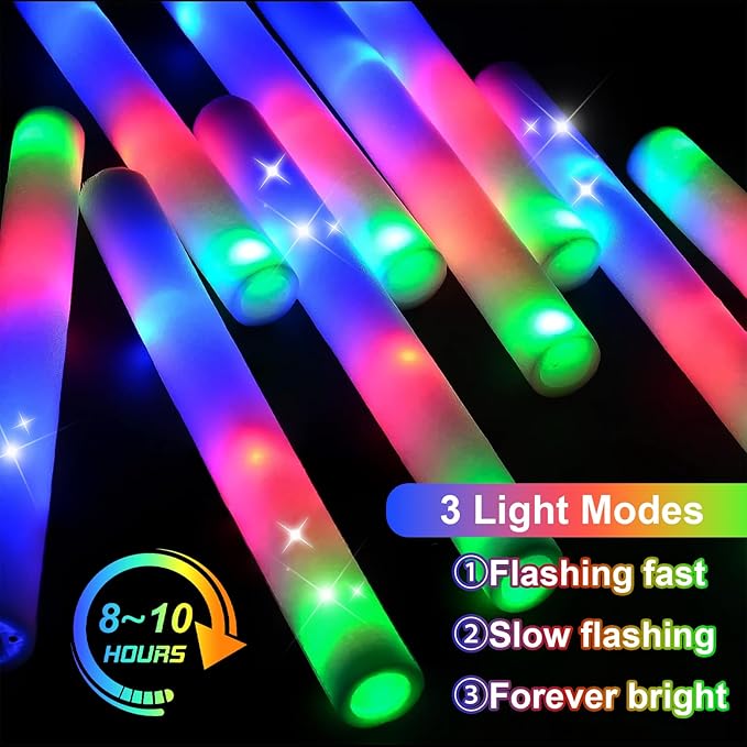 EXCECAR 45PCS Foam Glow Sticks, LED Light Up Foam Sticks with 3 Modes Flashing Changing, Glowing in The Dark for Event Party Wedding Halloween Christmas Concert Supplies