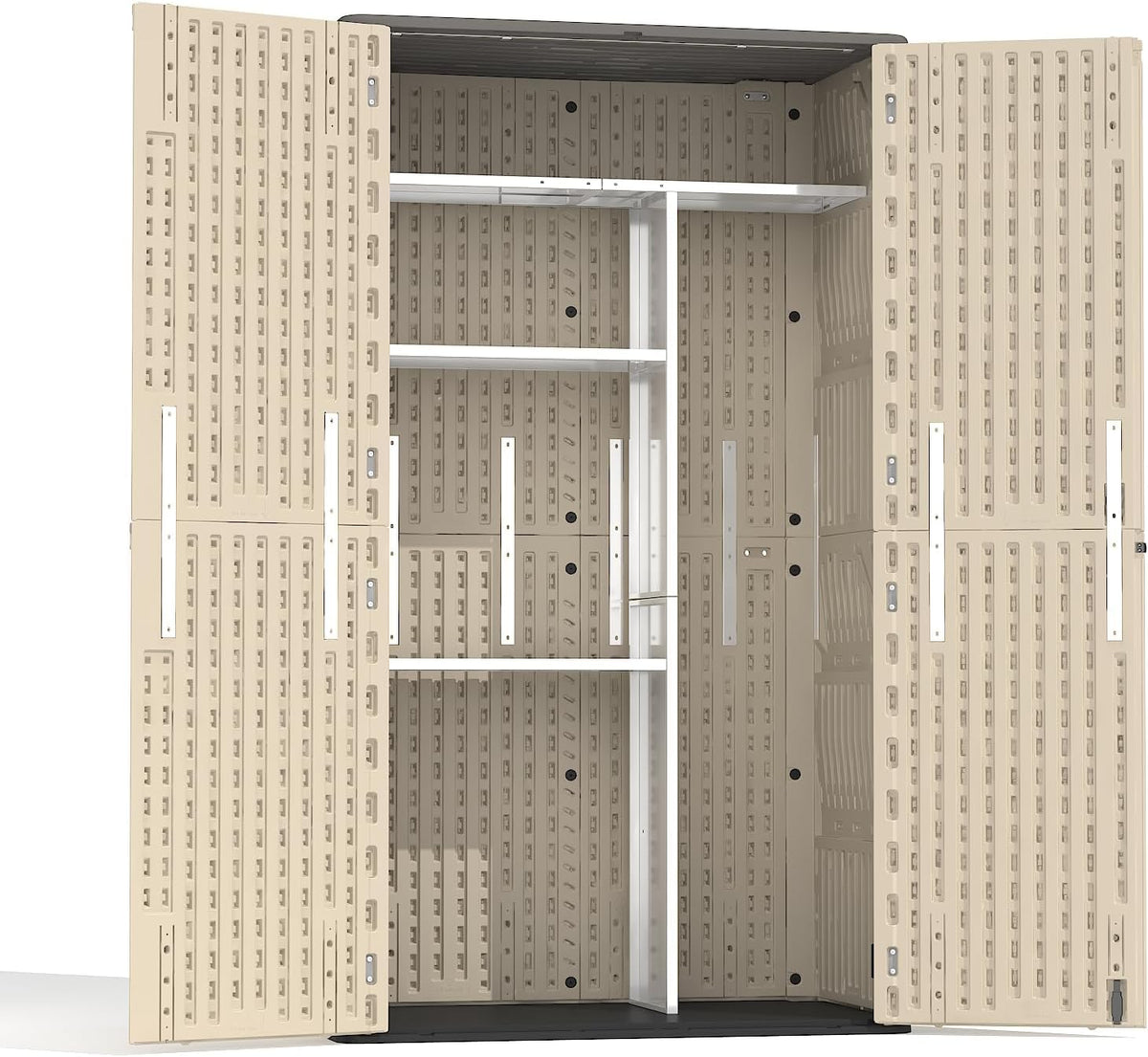 7x4 Ft Outdoor Storage Shed with Metal Shelving Kit, Waterproof Resin Storage Cabinet with Floor, All-Weather Tall Vertical Garden Shed for Garage, Patio, Backyard, Porch (Khaki)