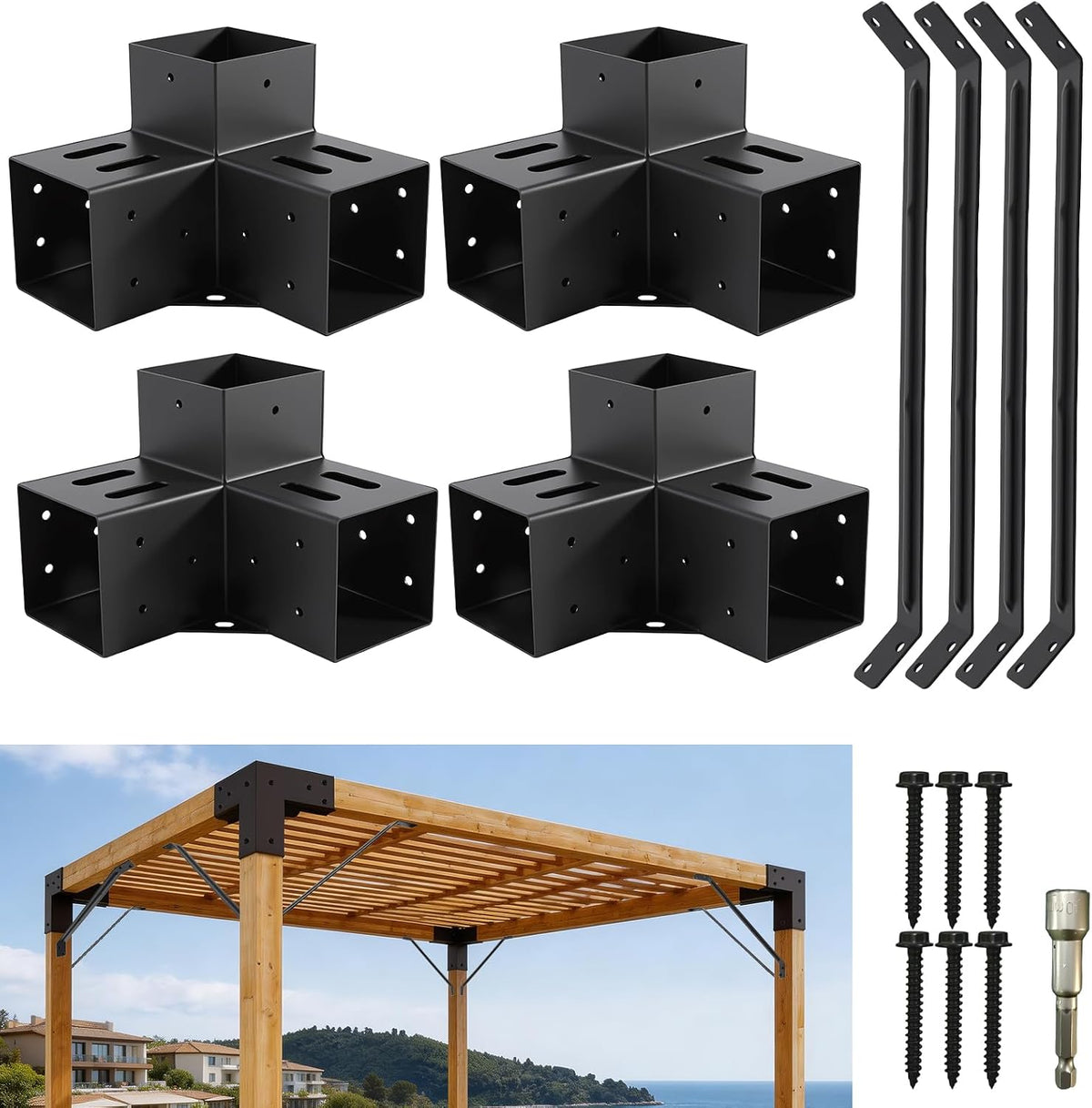 4 Pcs 4"x4" 3 Way Right Pergola Brackets(Actual Fit 3.6"x3.6")