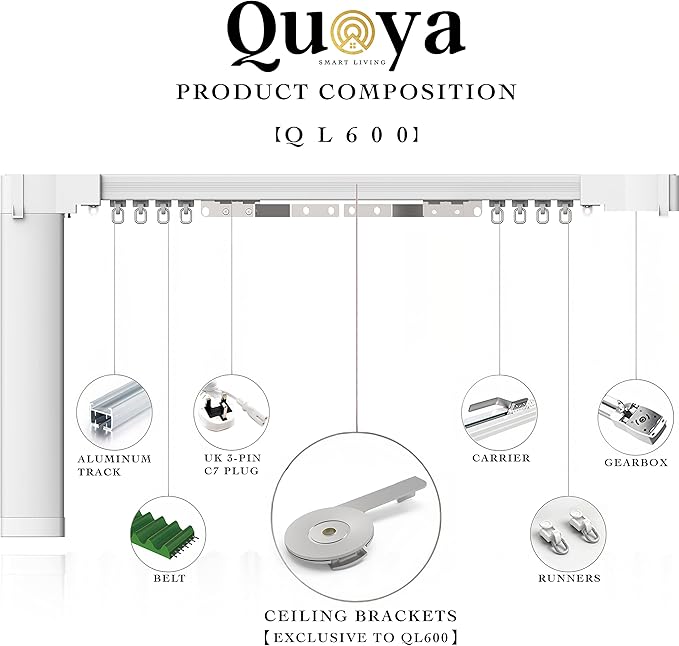 QUOYA QL600 Smart Electric Curtain Track, Motorized motor, Adjustable track