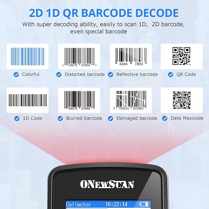 ONEWSCAN Wireless Barcode Scanner, Portable Inventory Scanner 1D&2D&PDF417
