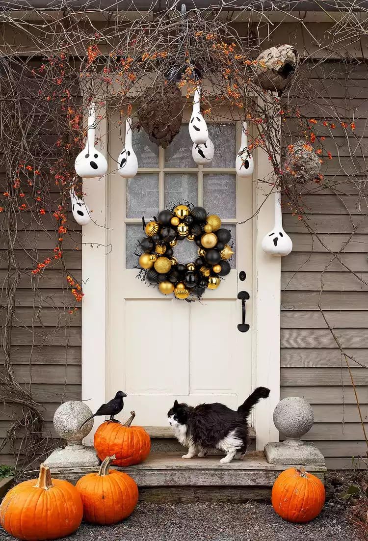 Halloween Ball Wreath 13" Xmas Wreaths Ornaments Glitter Thicken Shatterproof Garland Decoration for Christmas Door Wall Mantel Holiday Party Decor, Gold & Black