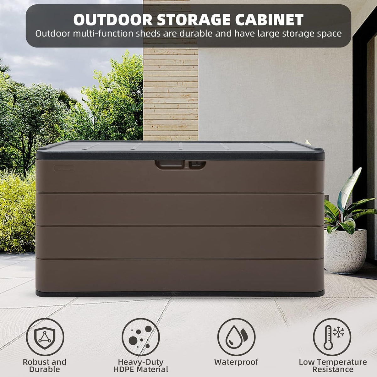 outdoor storage box waterproof, 100 gallon plus lockable showing dimensions