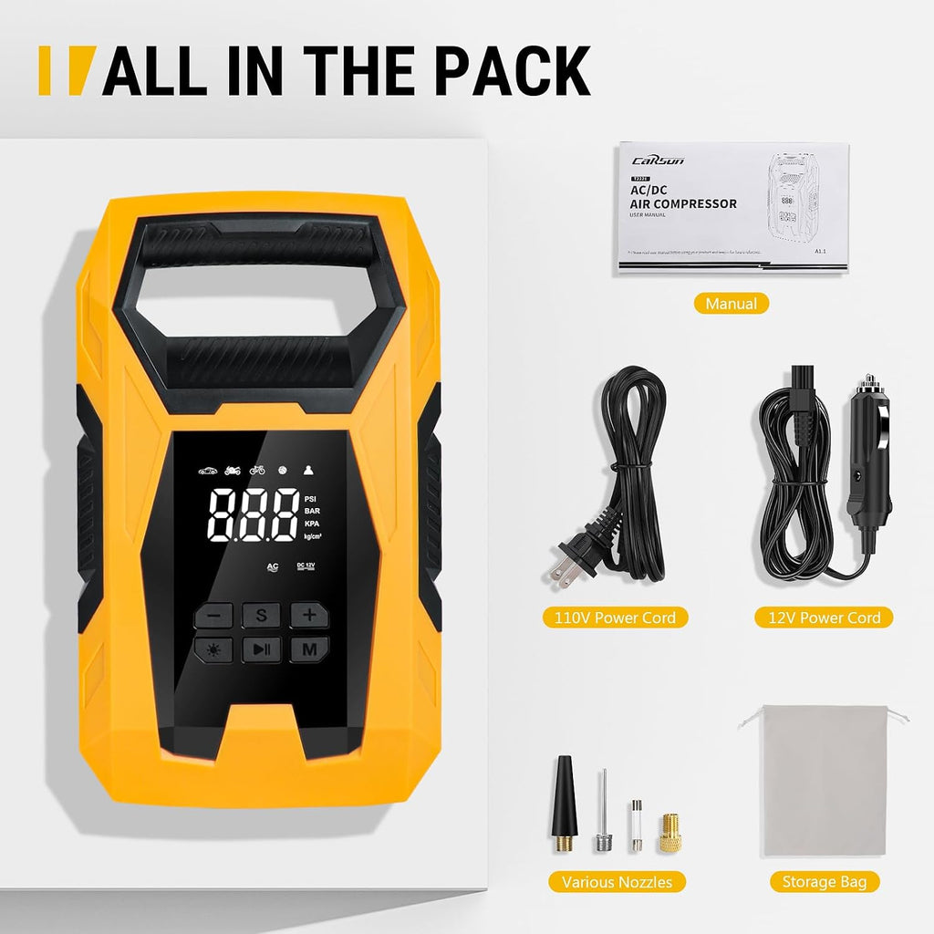 CARSUN AC/DC Tire Inflator Portable Air Compressor, Dual Power for Home 110V AC and Car 12V DC Air Pump with Pressure Gauge, Auto Shutoff, Tire Pump for Car Motorcycle Bicycle and Other Inflatables