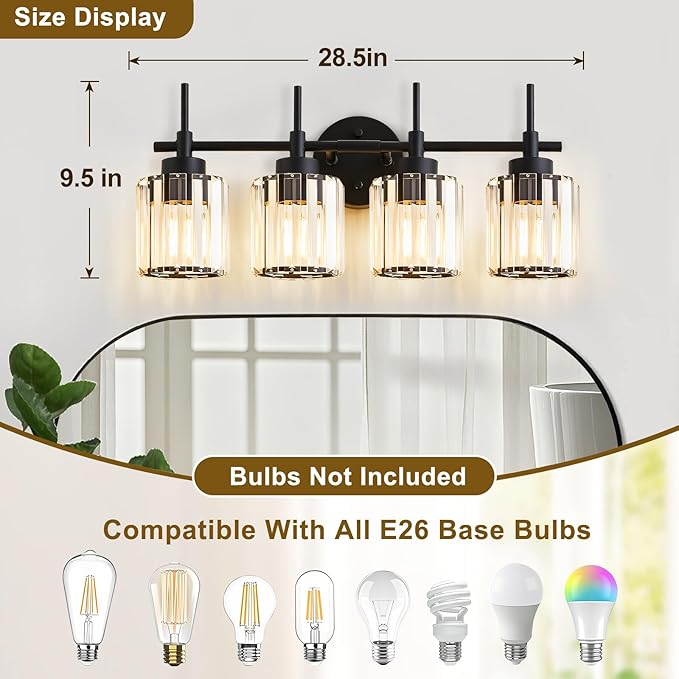 EJIAXIN 4 Light Round Crystal Vanity Lights, Modern Black Crystal Wall Light