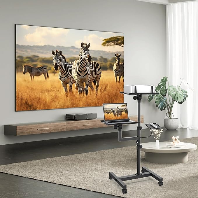 GSOW 2 Shelves Mobile Projector Stand, Rolling Laptop Stand Adjustable Height
