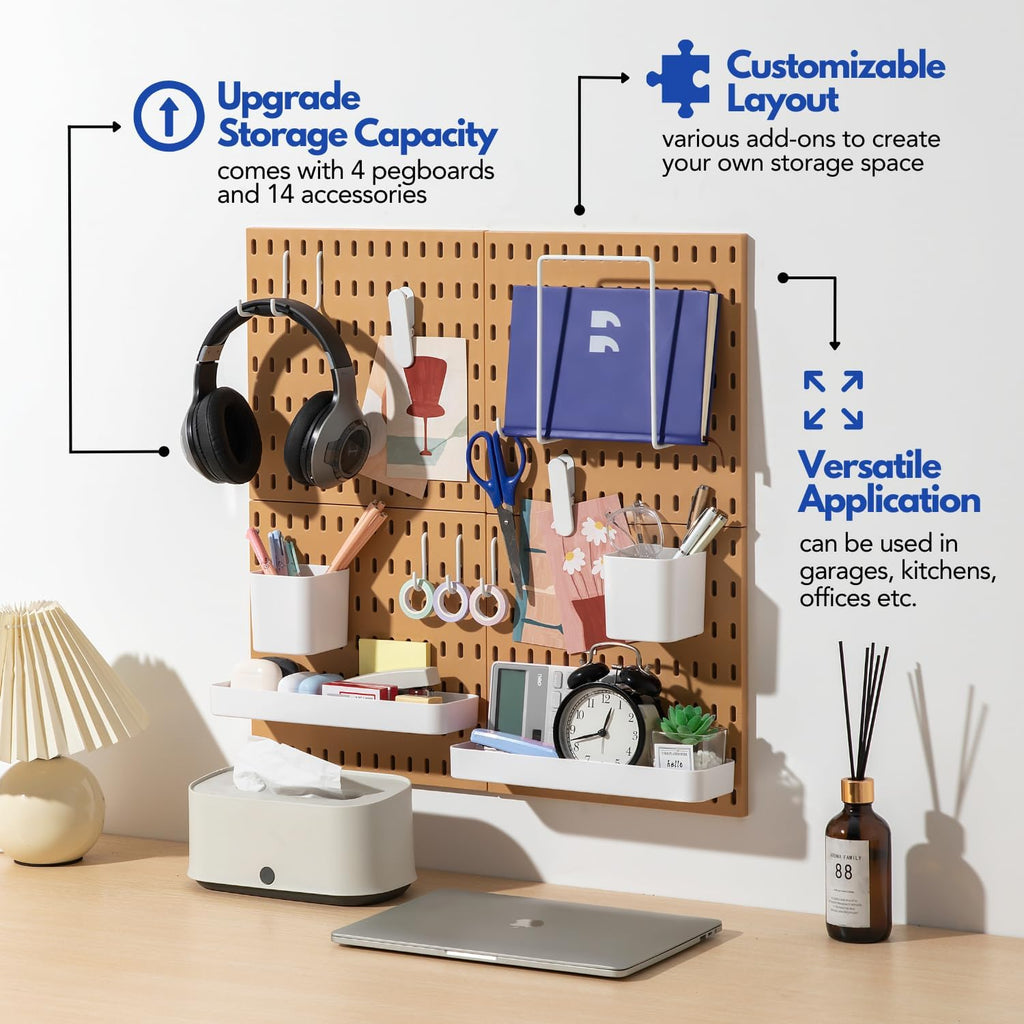 Keepo Peg Board Wall Organizer – Plastic Pegboard Panels, Modular Peg Board Storage System For Home Office, Craft Room, Gaming Setup (Tan brown, 22″×22″)