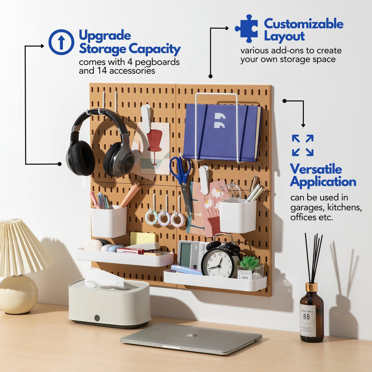 Keepo Peg Board Wall Organizer – Plastic Pegboard Panels, Modular Peg Board Storage System For Home Office, Craft Room, Gaming Setup (Tan brown, 22″×22″)