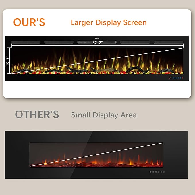 72" WiFi Electric Fireplace, Recessed and Wall Mounted Fireplace Heater