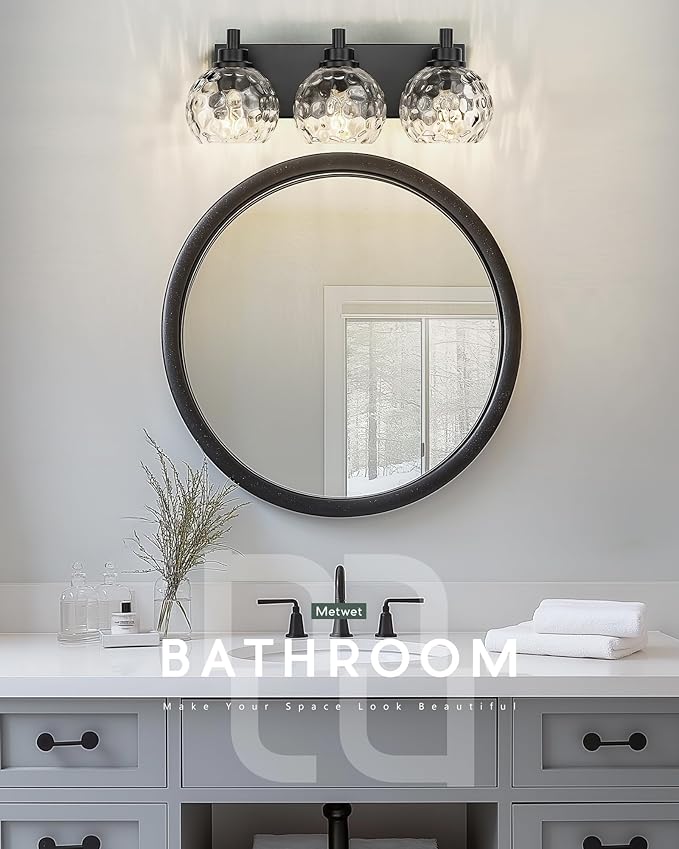 METWET Bathroom Light Fixtures Over Mirror, 3-Light Matte Black Vanity Light
