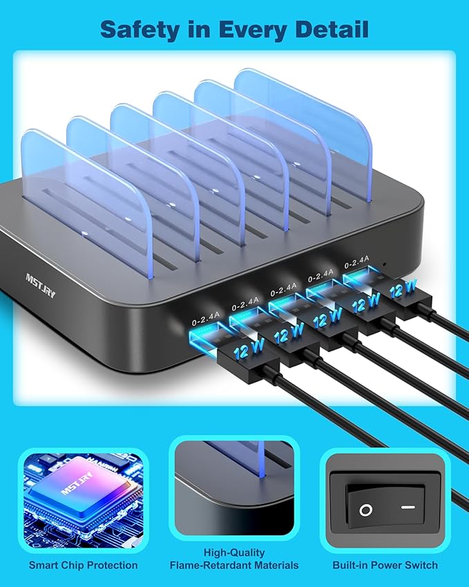 MSTJRY Charging Station for Multiple Devices : 5 Port Multi USB-A Charger