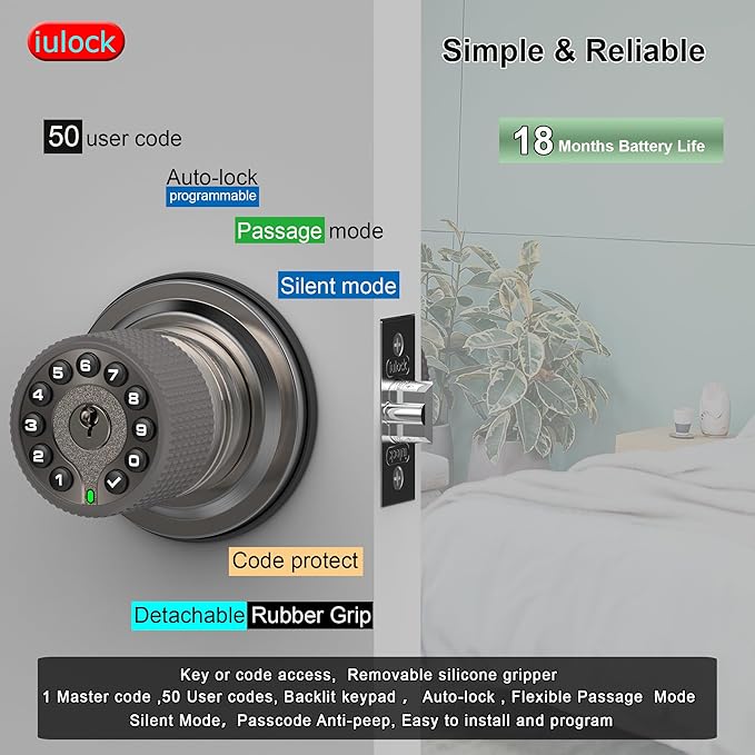 iulock Smart Door Knob with Keypad and Key, Keyless Entry Door Lock with Rubber
