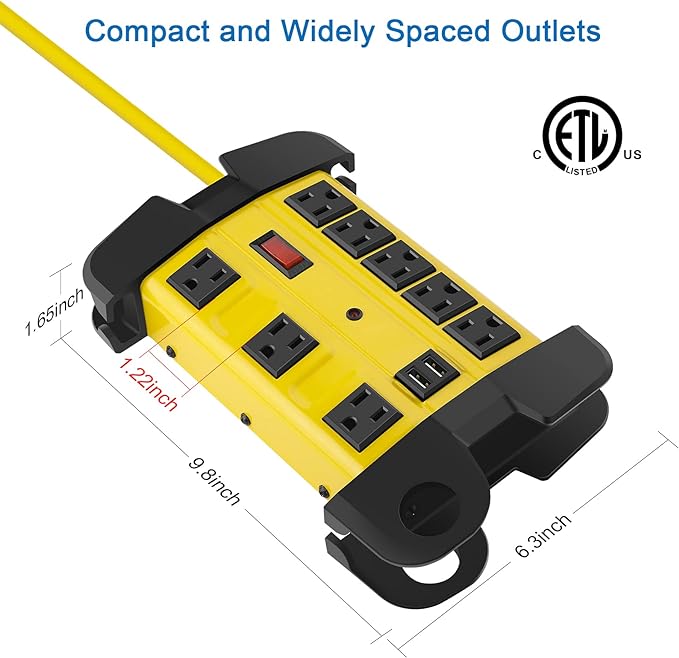 Heavy Duty Power Strip with USB, Workshop 8 Outlet Surge Protector 2700 Joules