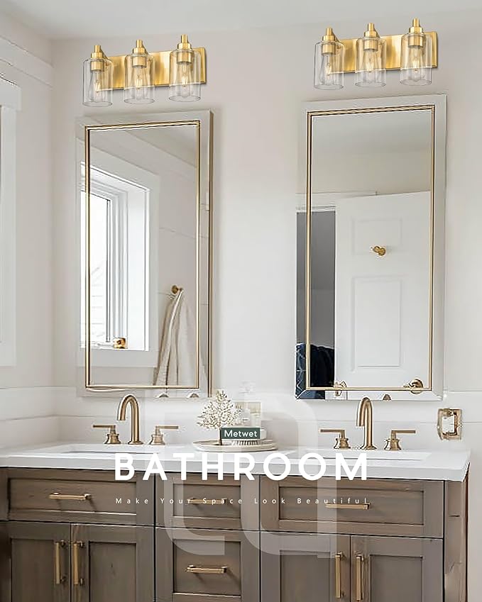 METWET 3-Light Bathroom Light Fixtures, Brushed Gold Vanity Light